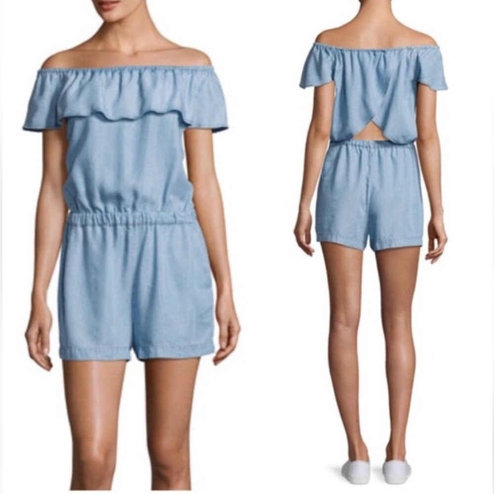 Splendid Chambray Romper Shorts one piece blue Off Shoulder Scoop Neck Small